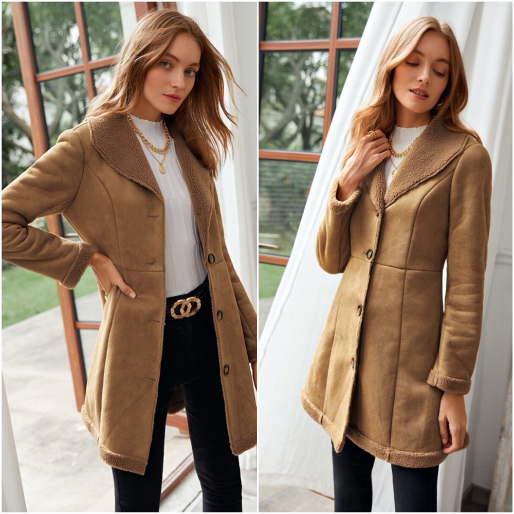 Cozy Shearling lined Button down vegan Suede Coat jacket - Picture 1 of 8